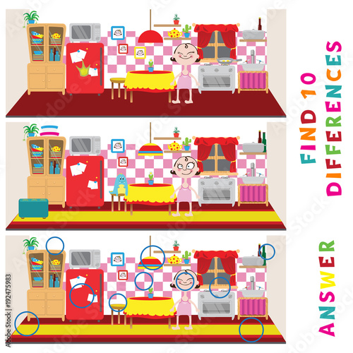 Find ten differences learning game for kids. Vector amusement activity.