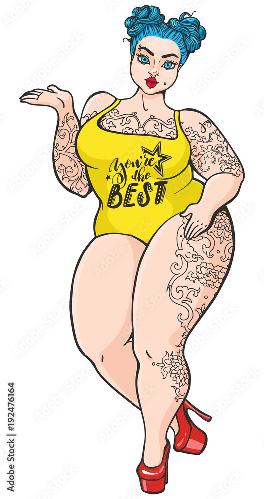 Curvy plump cartoon girl in retro pop art style. Vector isolated plus size  woman with tattoos and blue hair. vector de Stock | Adobe Stock