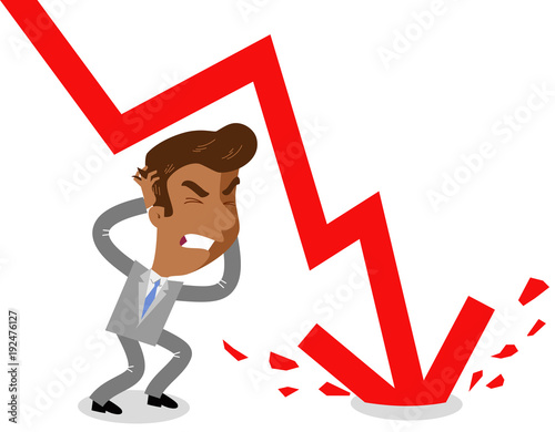 Vector illustration of a frustrated asian cartoon businessman as a huge red arrow crashes into floor next to him isolated on white background