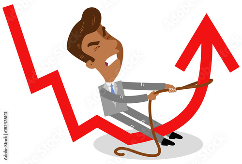 Vector illustration of an asian cartoon businessman trying to pull up downward pointing graph isolated on white background