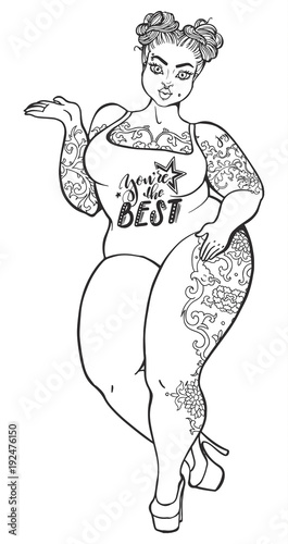 Outline plus size woman illustration. Vector body positive model silhouette.