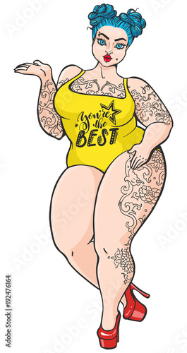 Curvy plump cartoon girl in retro pop art style. Vector isolated plus size woman with tattoos and blue hair.