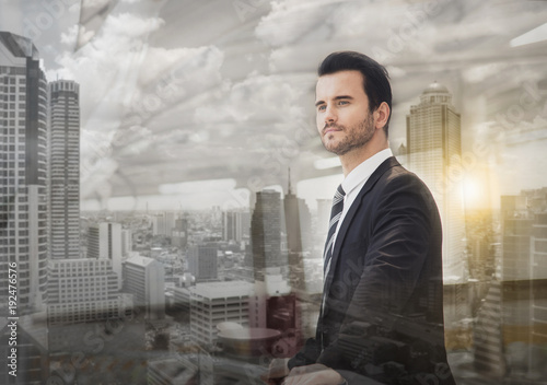 Portrait young businessman handsome looking for something.