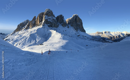 Panoramic view of the Val Di Fassa ski resort in Italy, Dolomites, Trentino-Alto-Adige region, Italy