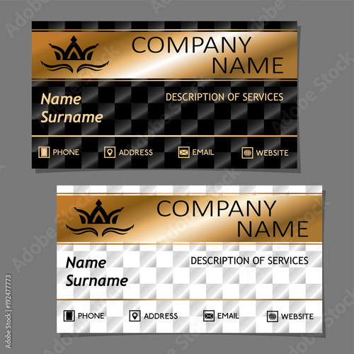 Royal style business card in Royal style with the crown on the chess background in light and dark version (horizontal format)