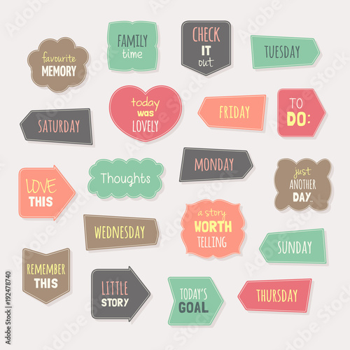 Vector set of journaling cards, stickers, labels. Stylish vector design templates for journal, scrapbooking, greeting, gift card, blogging, notebook, diary, weekly planner.