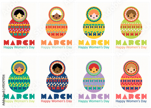 Happy International Women's Day on 8 March. A set of 8 postcards/ poster, multi-ethnic, multi-racial women, young and old, in the figure of 8. Rainbow colors. High-resolution Jpeg.