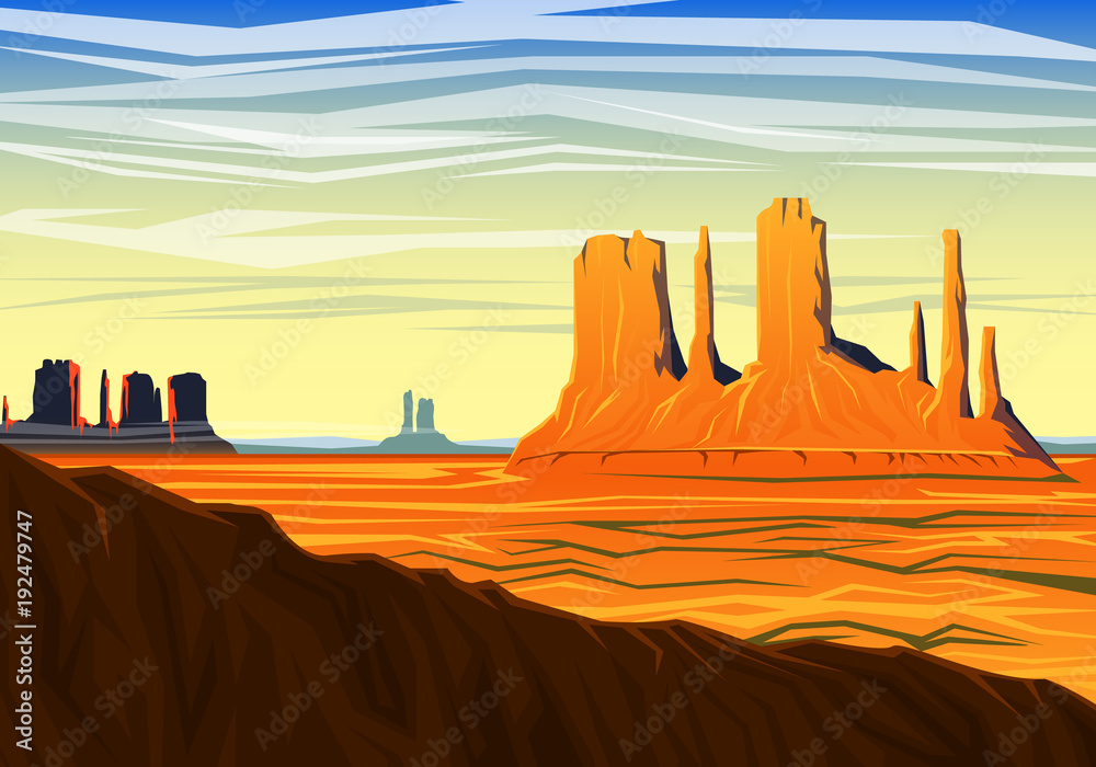 Mountain and Monument Valley, morning panoramic view, peaks, landscape early in daylight. travel or camping, climbing, vector illustration for website or banner. Outdoor hill tops, Hunts Mesa, Arizona