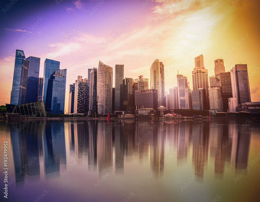 Singapore city skyline of business district downtown at sunset. Vintage tone
