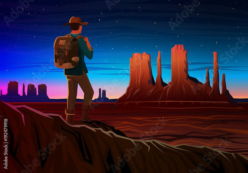 Mountain and Monument Valley with tourist, Night panoramic view, landscape early in daylight. travel camping, climbing, vector illustration. website or banner. Outdoor hill tops, Hunts Mesa, Arizona