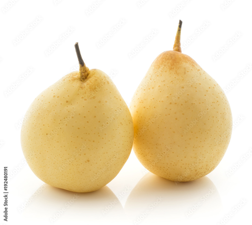 Two Nashi pears (Russet pear) isolated on white background whole yellow. Two Nashi pears (Russet pear) isolated on white background whole yellow.