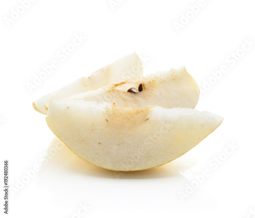 Three Nashi pear slices (Russet pear) isolated on white background yellow flesh with seed.