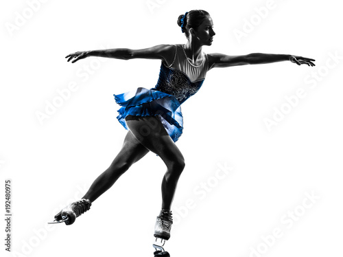 one woman ice skater skating in silhouette on white background
