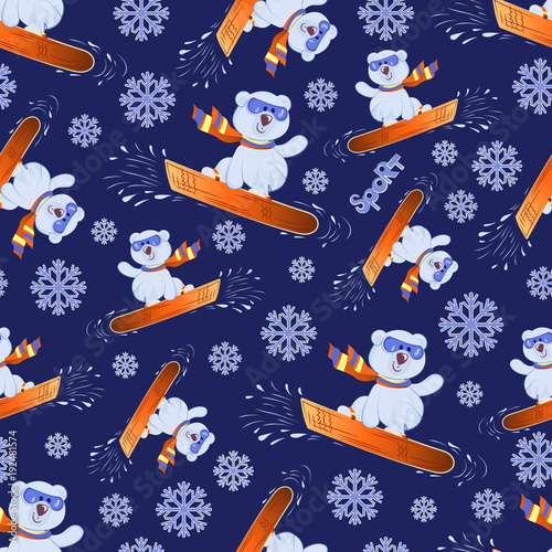Polar bear cub on a snowboard. Winter sport. Seamless pattern. Colorful background image with cute teddy bears by snowboarders. Design for textiles, sports equipment packages.