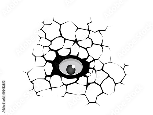 Cracks and scary eye. Looking through a hole cracked concrete wall. Bacteria or immune. Health protection concept.
