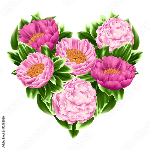 Vector Heart with Pink Peonies and Green Leaves