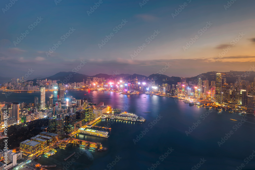 Hong Kong cityscape in the evening over Victoria Harbour