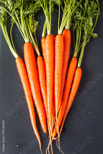 Fresh Organic Carrots Shot Overhead on Dark Surface