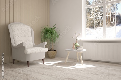 White room with armchair and winter landscape in window. Scandinavian interior design. 3D illustration