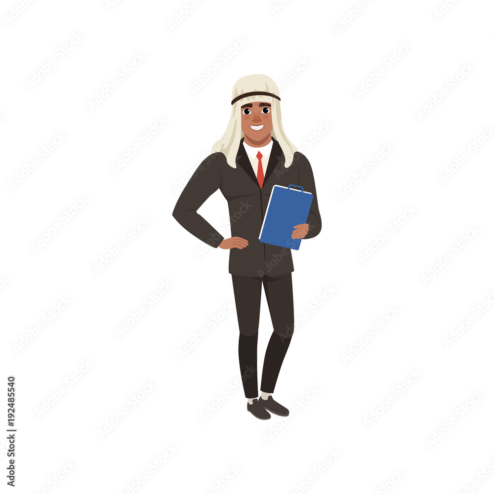 Arabic businessman character in formal wear standing with folder for documents vector Illustration on a white background