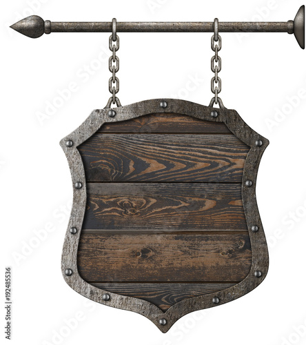 Fototapeta Naklejka Na Ścianę i Meble -  old wood sign shield with chains 3d illustration