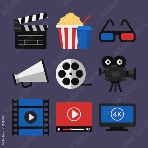 Icons Cinema Clapperboard Popcorn 3d Glasses Film Projector Videotape Television Speaker