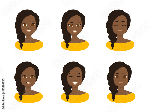 Set facial expressions of Young african  business woman wearing yellow costume. Black  Woman Face. Vector illustration isolated from white background