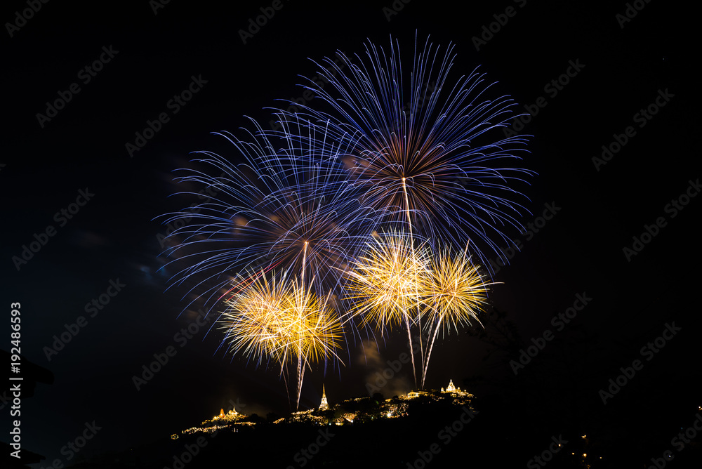 Firework over the mountain in the festival (Phra Nakhon Khiri) at Phetchaburi, Thailand. The castle on the mountain was built in the reign of King Rama IV. Firework over the mountain in the festival (Phra Nakhon Khiri) at Phetchaburi, Thailand. The castle on the mountain was built in the reign of King Rama IV.