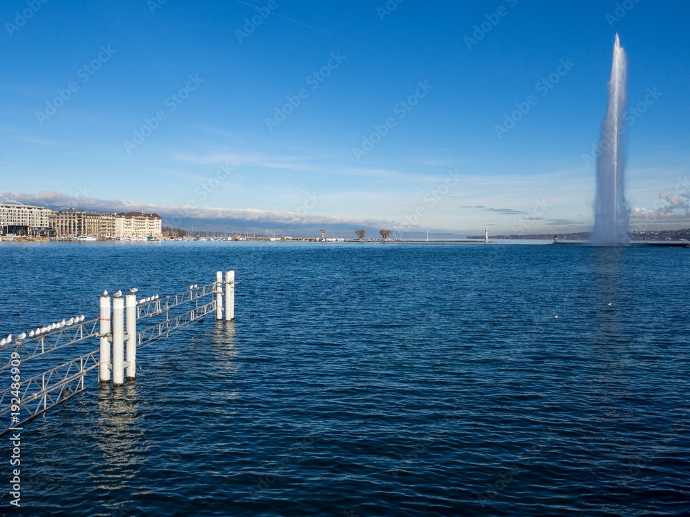 Fountain In Geneva. Geneva lake. The main attraction of Geneva. Beautiful sunny day. January, 2018