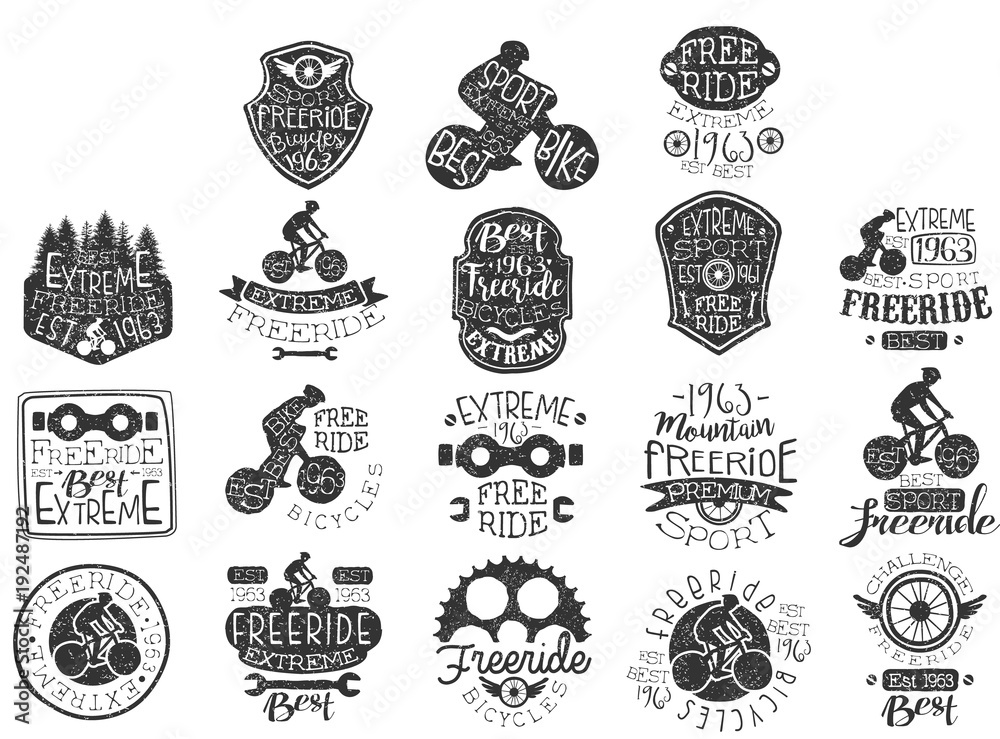 Hand drawn black logos set for freeride theme, biking club, extreme sports. Old labels with lettering and illustrations of forest, bikers, bicycles. Vector on white