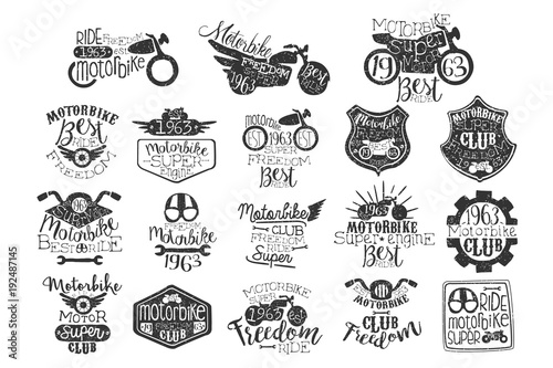 Hand drawn set of motorbike logos or stamps for biker club, repair service or motorcycle parts store. Original lettering. Vector for badge, label or t-shirt print