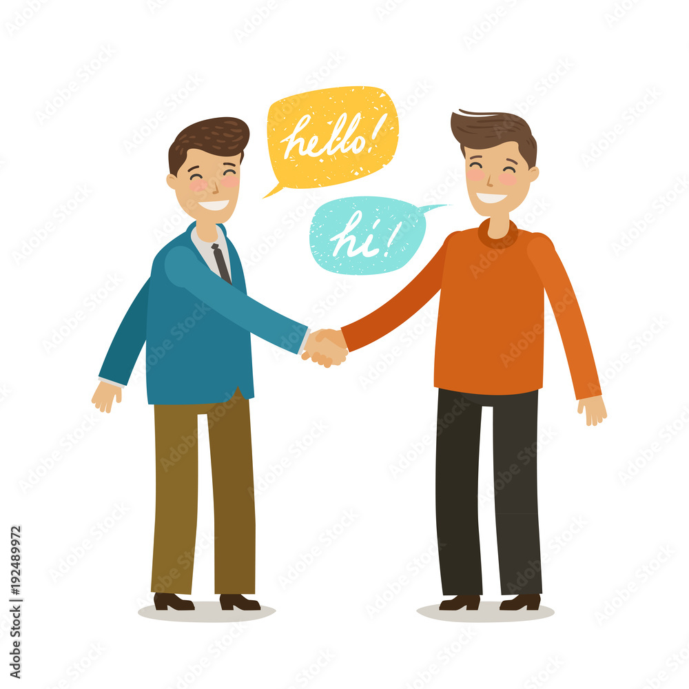 Handshake, shaking hands, friendship concept. Happy people shake hands in  greeting. Cartoon vector illustration in flat style Stock Vector | Adobe  Stock