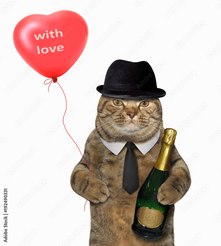 The cat holds a bottle of champagne and a heart-shaped red balloon. White background.