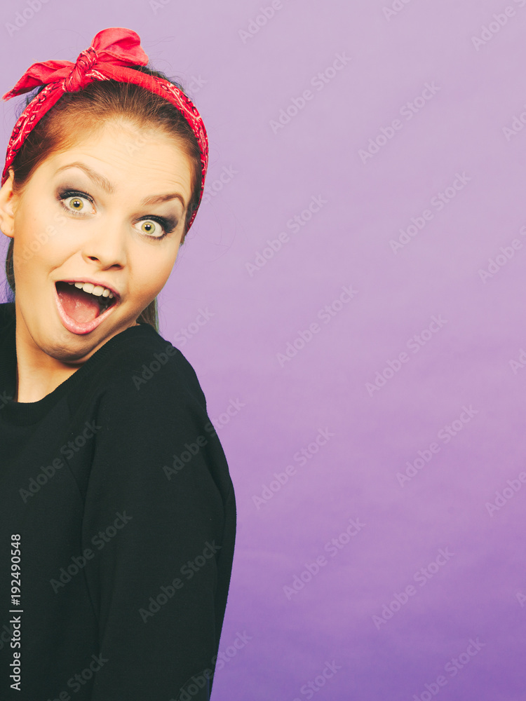 Crazy pin up retro girl making funny face. Crazy pin up retro girl making funny face.