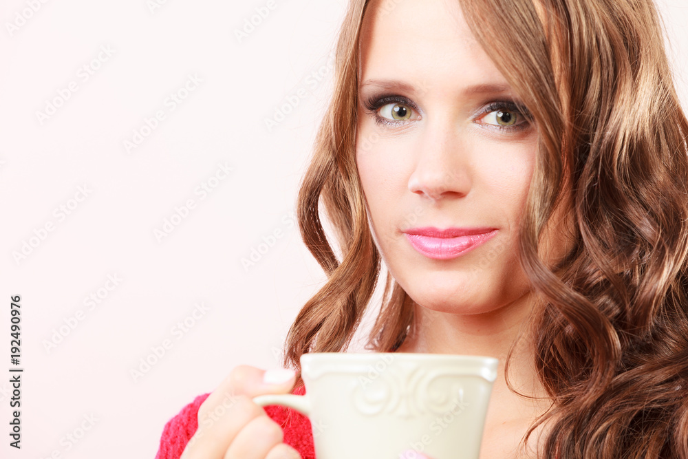 Autumn woman holds mug with coffee warm beverage Autumn woman holds mug with coffee warm beverage
