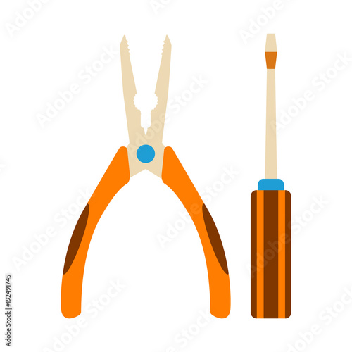 Screwdriver and pliers Icon. Energy label for Web on white background. Flat Vector Illustration