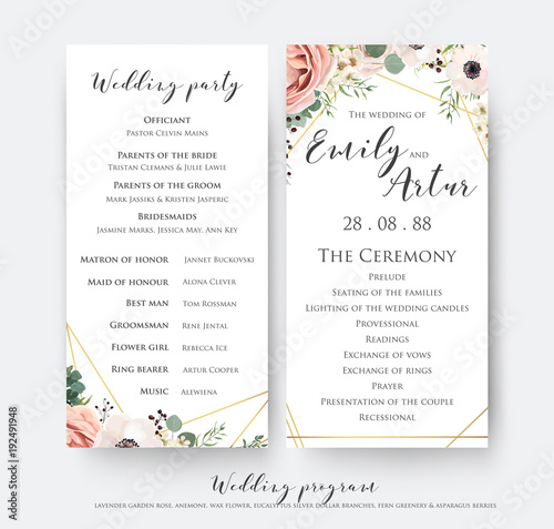 Wedding program for party & ceremony card design with elegant lavender pink garden rose, anemone, wax flowers, eucalyptus branches, leaves & cute golden geometrical pattern. Vector beauty template set
