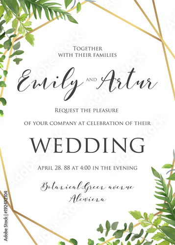 Wedding floral invitation, invite, save the date template. Vector modern elegant card design with natural botanical Green forest fern leaves & greenery herbs border and luxury Geometrical golden frame