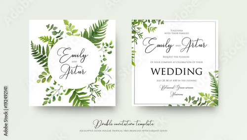 Wedding floral watercolor style double invite, invitation, save the date card design with forest greenery herbs, leaves, eucalyptus branches, fern fronds. Vector natural, botanical, elegant template