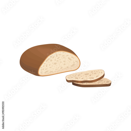 Whole loaf of gray bread with brown crust and slices. Flat detailed cartoon style fresh food icon. Bakery products and baked goods theme. Vector object