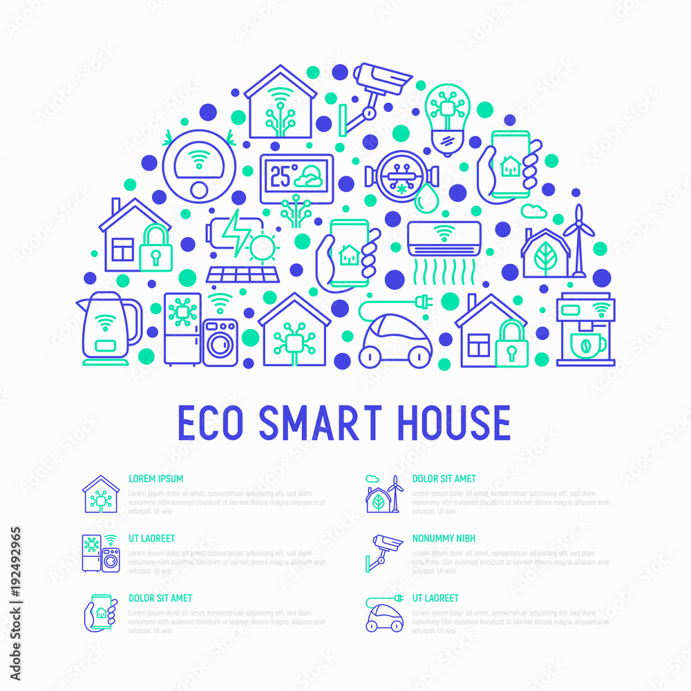 Eco smart house concept in half circle with thin line icons: solar battery, security, light settings, appliances, artificial intelligence, mobile app control. Energy saving vector illustration.