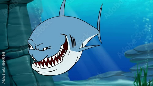 Funny angry shark underwater. Animated cartoon character.