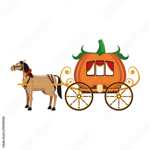 Pumpkin carriage with horse cartoon icon vector illustration graphic design