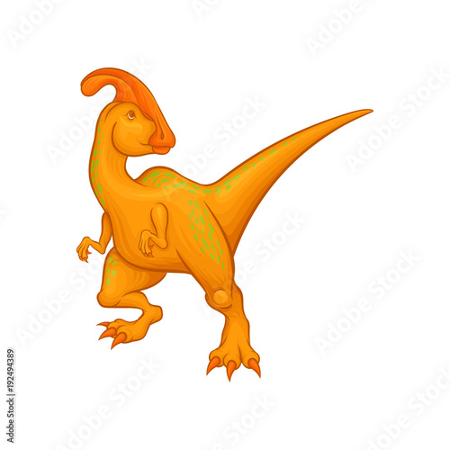 Cartoon parasaurolophus character. Fantastic creature with long tail, crest on head, short fore and long hind limbs. Flat vector element for video game
