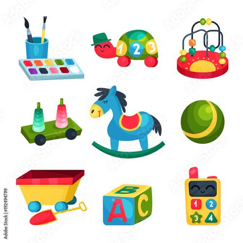 Collection of various children s toys. Ball, rocking horse, ABC cube, bead maze, turtle with numbers, paints with brushes. Fun and educational games. Flat vector icons
