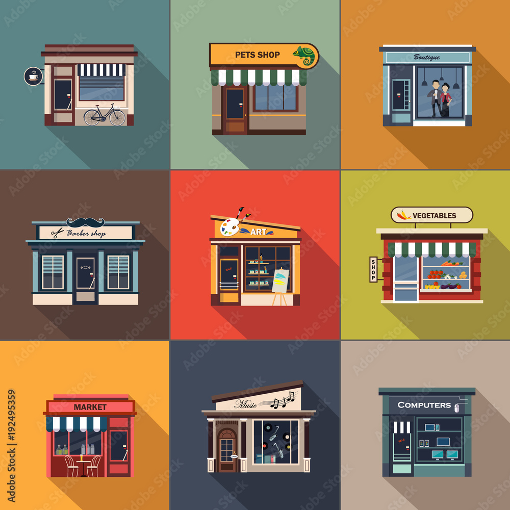 Restaurants and shops facade, storefront detailed flat Restaurants and shops facade, storefront detailed flat