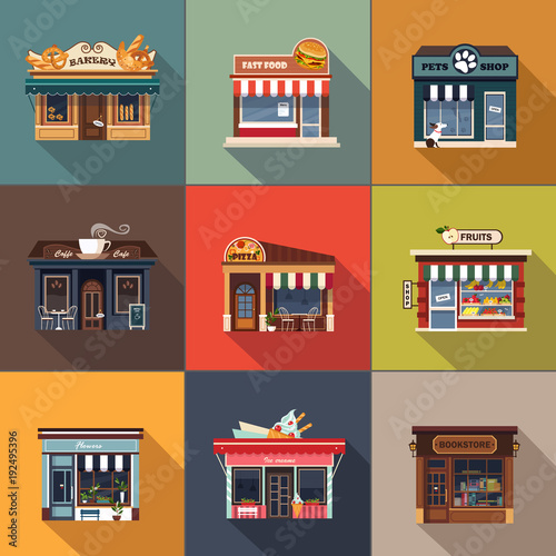 Restaurants and shops facade, storefront detailed flat