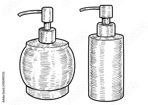 Hygiene bottle illustration, drawing, engraving, ink, line art, vector