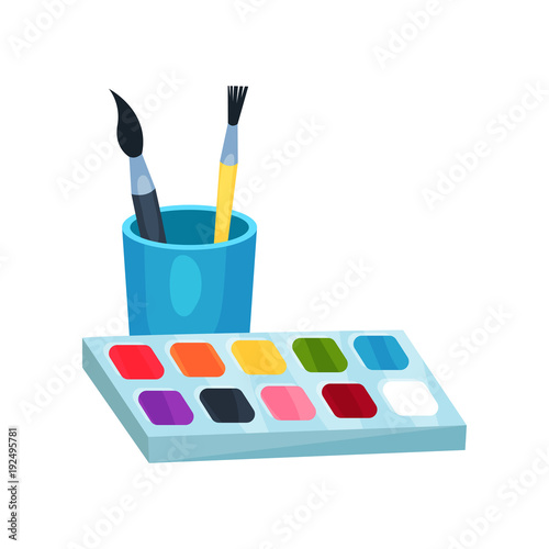 Bright watercolor paints in box and brushes in cup. Tools for drawing. Graphic design element for children s art class. Cartoon flat vector icon
