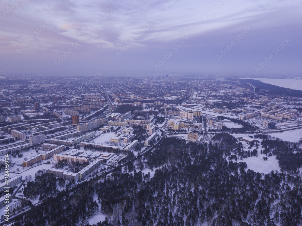 Aerial view of city Tallinn Estonia in winter day, district Mustamjae